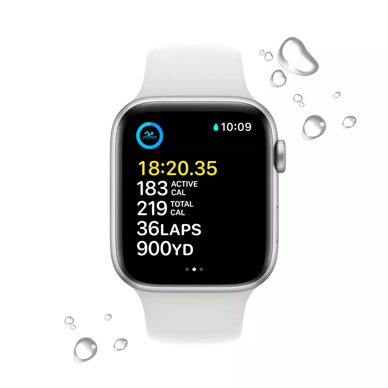 Apple Watch SE 2022 44mm, алюминий серебристого цвета, спортивный ремешок белого цвета
